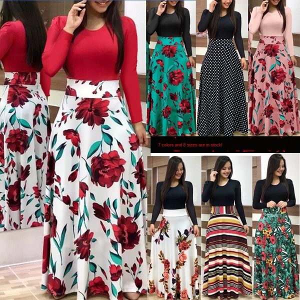 

2020 popular style long skirt dress flower printed color matching dress long skirt women's clothing, Black;gray
