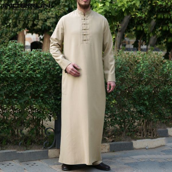 

ethnic clothing incerun men jubba thobe solid color long sleeve middle east robes stand collar button vintage islamic arabic dubai kaftan, Red