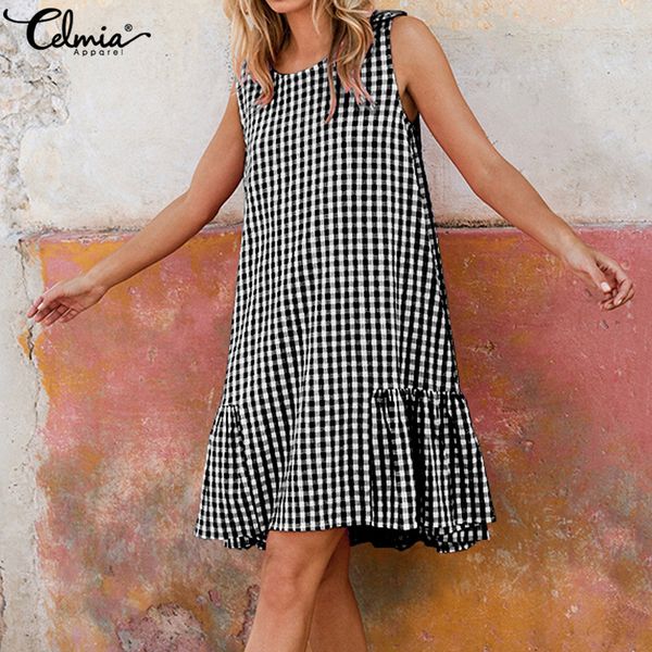 

women vintage plaid summer dress 2020 celmia ladies casual o-neck sleeveless beach sundress loose pleated vestidos plus size 5xl, Black;gray