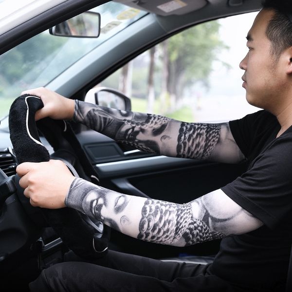 

tattoo flower seamless arm and women's ice ice silk riding sun protection sleeve men's arm sleeve, Black