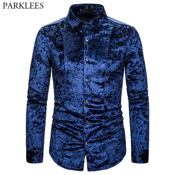 

royal blue velvet velour shirt men 2020 autumn new slim fit long sleeve mens dress shirts casual button down chemise homme, White;black