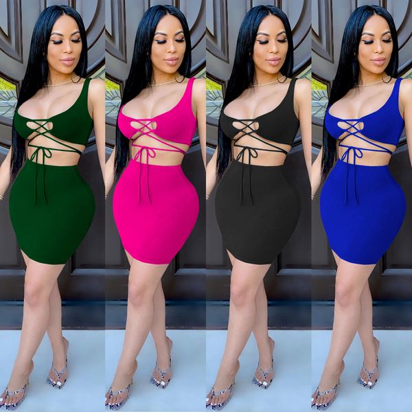 

summer womens designer fashion suits spaghetti strap tanks solid color printed hip dress women two piece summer outfits dress set, White