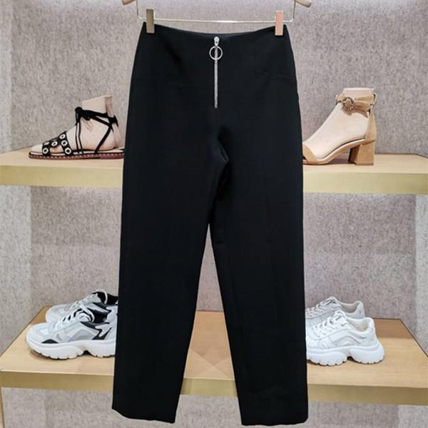 

black women's long pants high waist ring zipper slim straight trousers, Black;white
