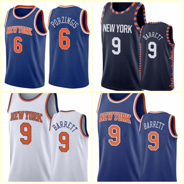 

mennewyorkknicks r#j9#barrett#kristaps#6porzingis basketball jerseys for key players;the swing man sewed and embroidered basketball jerseys, Black;red