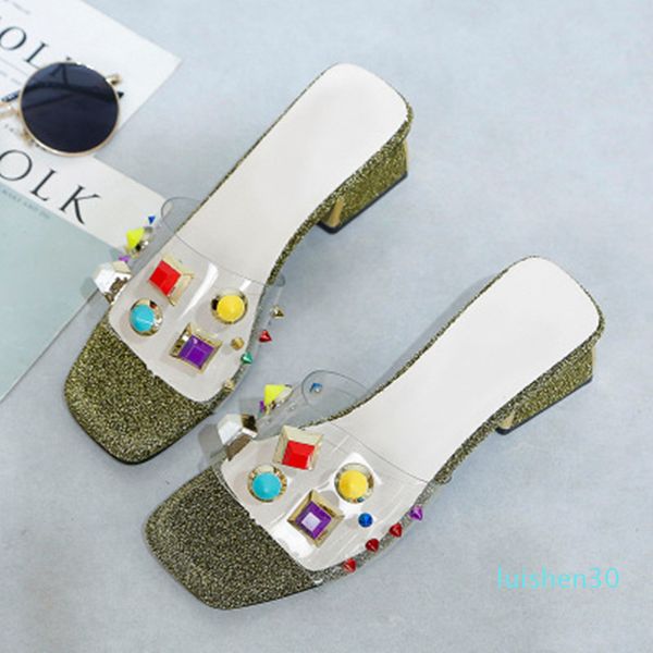 

summer fashion peep toe ladies slippers female colorful rivet clear transparent slippers women shoes woman mules slides med heel l30, Black