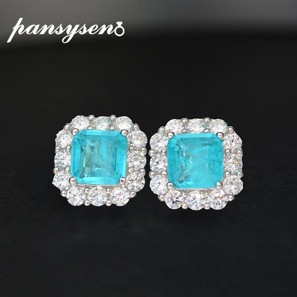 

pansysen 100% real silver 925 jewelry earrings 7mm emerald paraibatourmaline diamond stud earrings for women luxury fine jewelry, Golden;silver