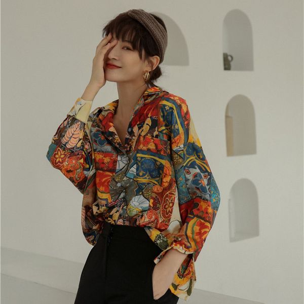 

lanmrem multi-color oil painting printed lapel long sleeve plus woman shirt sweet casual wild fashion 2020 spring new td136, White