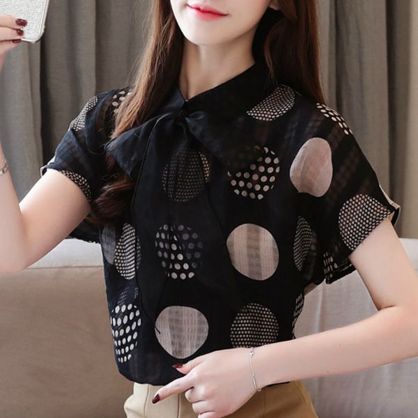 

blouses woman 2020 blusas femininas blouse women summer short sleeve dot chiffon blouse ladies bow collar women b541, White