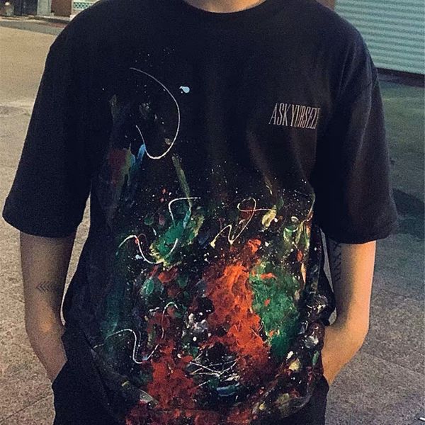 

mens designer t shirts askyurself hand painted graffiti splash ink short sleeve retro fashion high street casual shirts crew neck, White;black