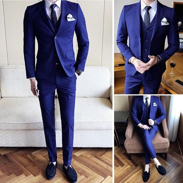 

2020 3pcs set male wedding prom suit black blue slim fit tuxedo men formal business work wear suits (jacket+vest+pants, White;black