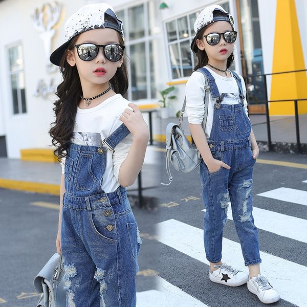

clothing 2019 spring girls korean style autumn sling clothing children's children's new hole denim suspender pants, Blue