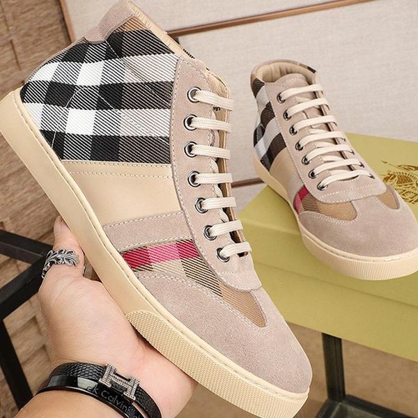 

2021 lightweight men 's shoes high vintage check and leather sneakers comfortable sports lace -up fashion casual men, Black