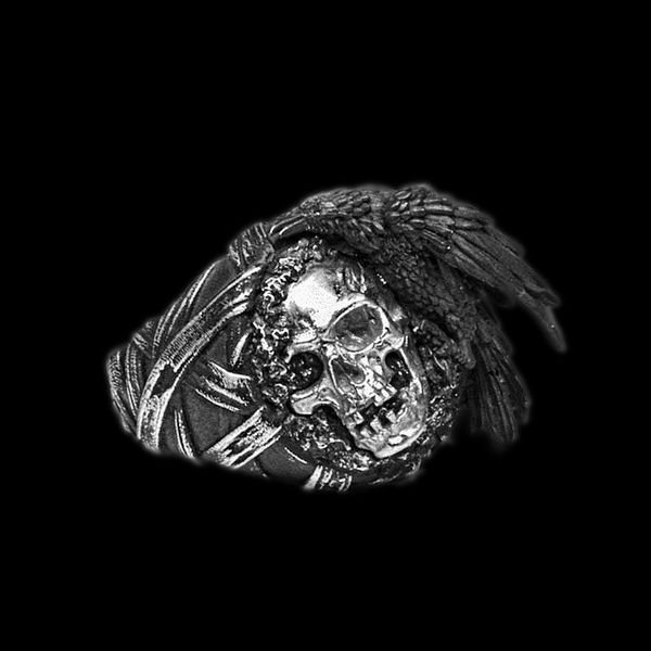 

crow and skull 316l stainless steel signet ring mens punk raven biker rings unique gothic jewelry, Silver