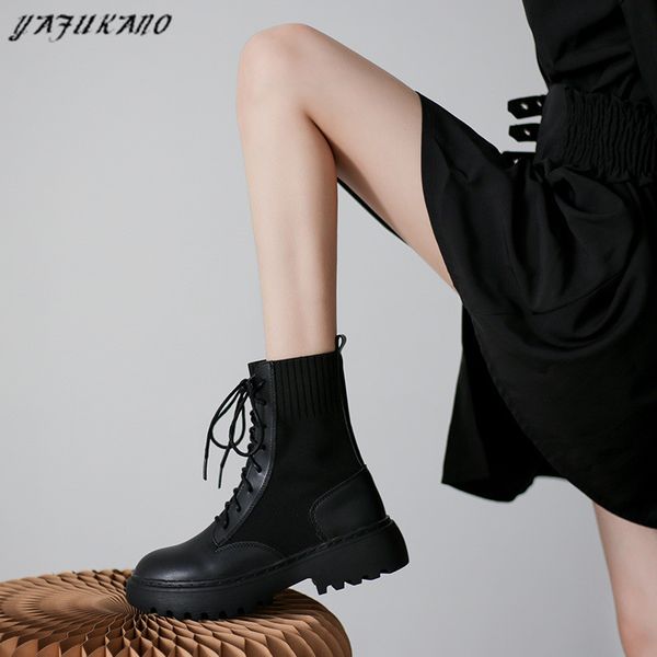 

classic boots 2020 brand designer elastic knit mid-calf boots thick-soled large size womens shoes motorcycle short, Black