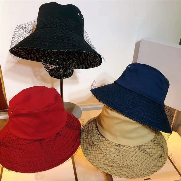 

elegant fishermen cap with net yarn fashion bucket hat for mens women 4 colors outdoor travel beach caps hats high quality