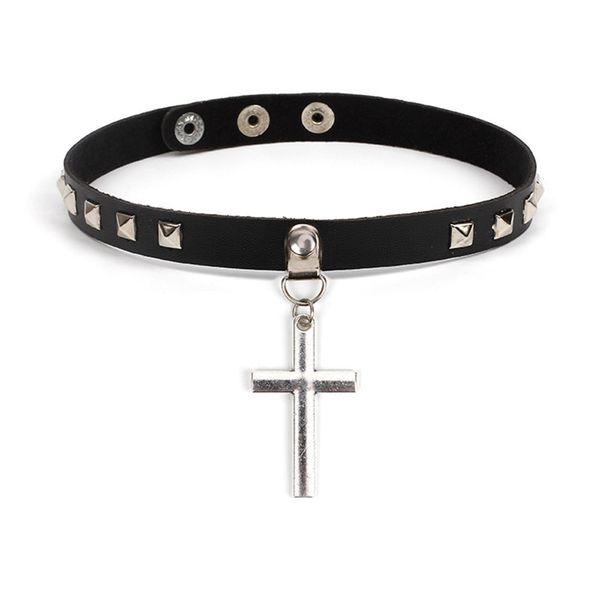 

2020 harajuku spike choker gothic pu leather cross necklace maxi women collar anime necklace rock goth chocker statement jewelry, Silver