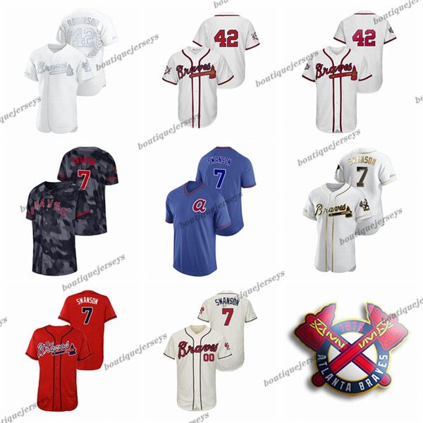 

custom men women kids atlanta braves 7 dansby swanson 7 dans 42 jackie robinson home black gray white red cream baseball jerseys, Blue;black
