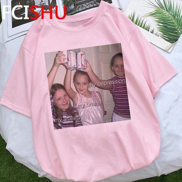 

my depression my brain my short anxiety letter t shirt women deep dark fear graphic t shirt funny cartoon tshirt summer top, White