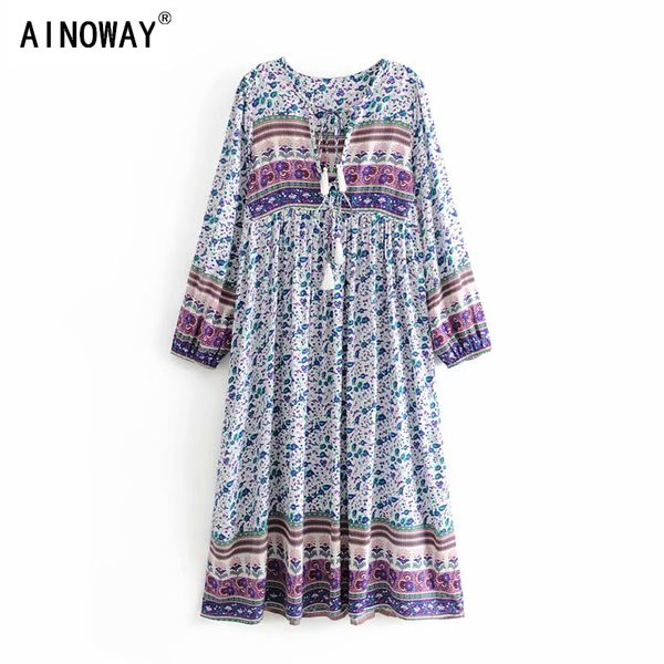 

vintage chic women floral print long sleeve tassel ruffles beach bohemian midi dresses ladies loose v-neck rayon boho dress, Black;gray