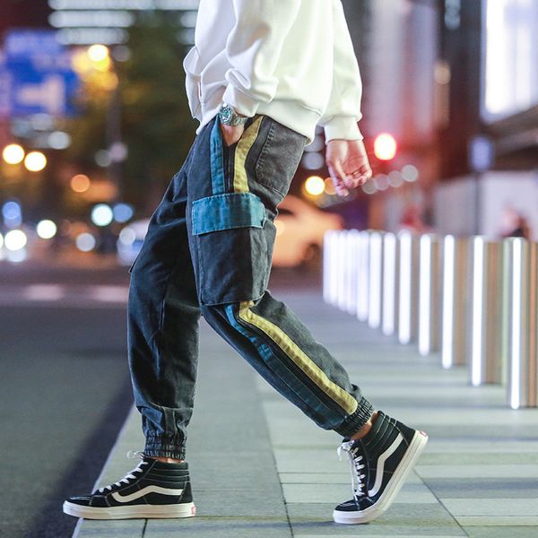 

new vintage fashionable elastic waist men trousers autumn color block patchwork casual male jogger cargo pants big size, Black