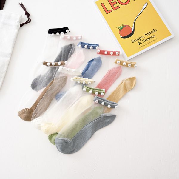 

pearl socks children's summer thin net red shallow lace pearl lace short socks fashion crystal cotton bottom ins fashion, Pink;yellow
