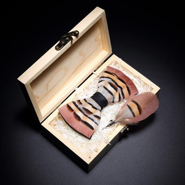 

jemygins 2020 original design men's bow tie pink feather bow artificial leather tie brooch wooden box wedding party gift, Black;gray