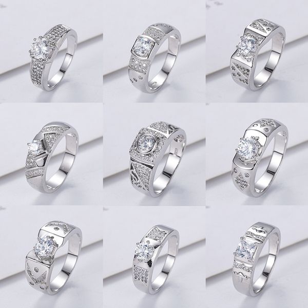 

european and american trend exquisite male ring simulation super flash diamond copper ring female cross border micro inlaid diamond jewe, Golden;silver