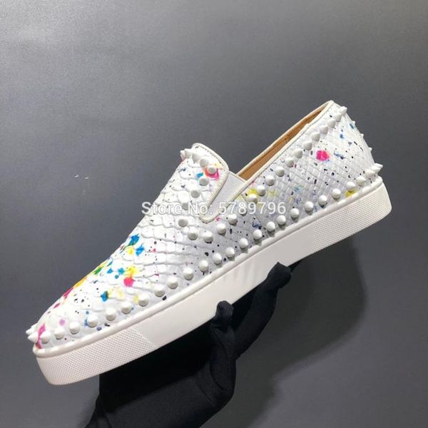 

low cut red bottom white color snake leather sports shoes for men casual fashion flat loafers circle rivets runway sneakers, Black