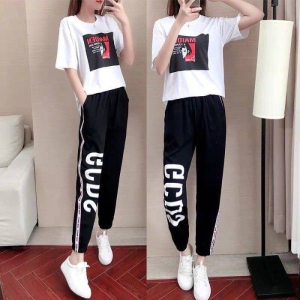 

bhsqq 2020 new korean style summer leisure sportswear sportswear trousers sports sports suit women's short-sleeved ankle-length pants f, Gray