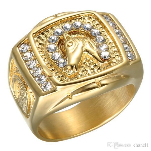 

gift men women rhinestone horsehead style ring fashion gold and silver titanium steel ring horse racing souvenir jewelry diamond ring, Golden;silver