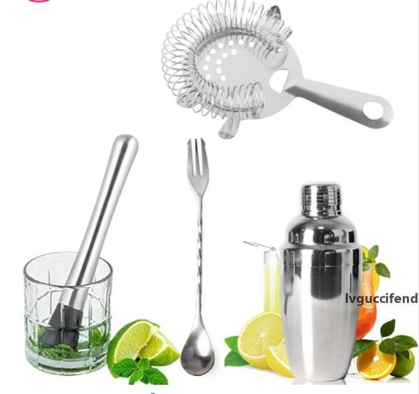 

eco-friendly 1 pc 550ml cocktail shaker 2 pcs spoon fork cocktai 1 pc ice strainer 4 bar tools set cocktail making tools