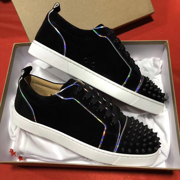 

black suede leather junior red bottom spikes orlato casual flat men lace up sneakers rivets man sports chaussure homme eu35-47