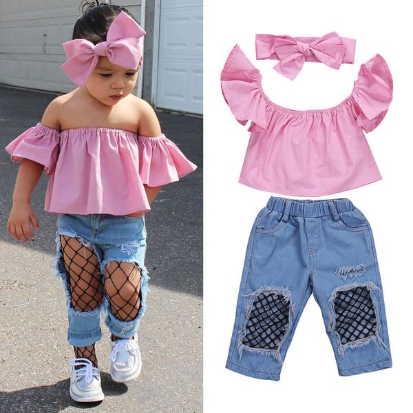 

selling 3pcs baby girl clothing set kids bebes girls toddler off shoulder denim fishnet pants outfits set clothes, White