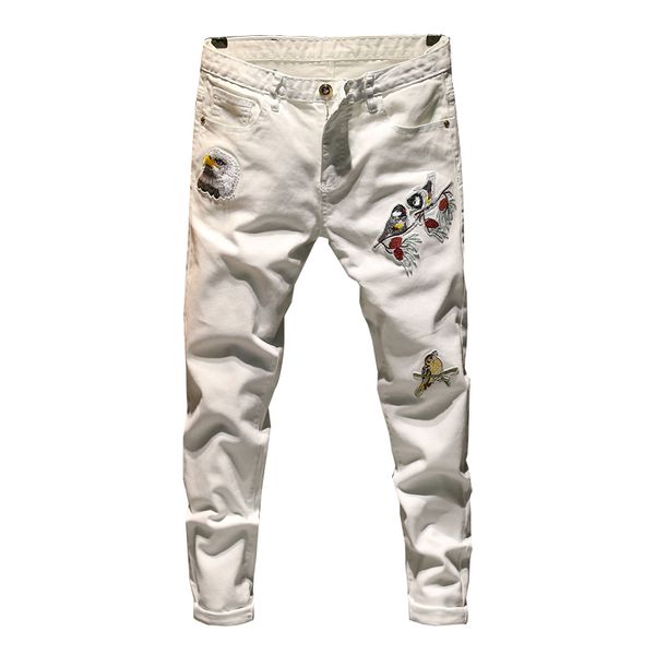 

2020 summer autumn new men's white slim jeans embroidery cotton advanced stretch denim trousers male brand pants, Blue
