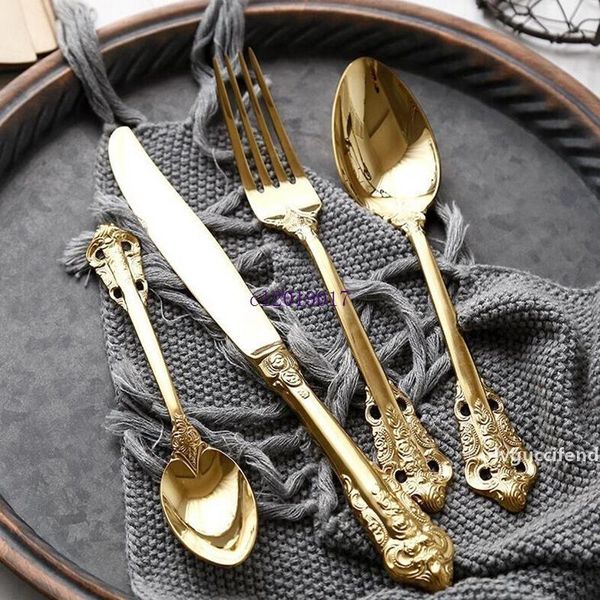 

vintage western gold plated cutlery dining knives forks teaspoons set golden luxury dinnerware engraving tableware set#13