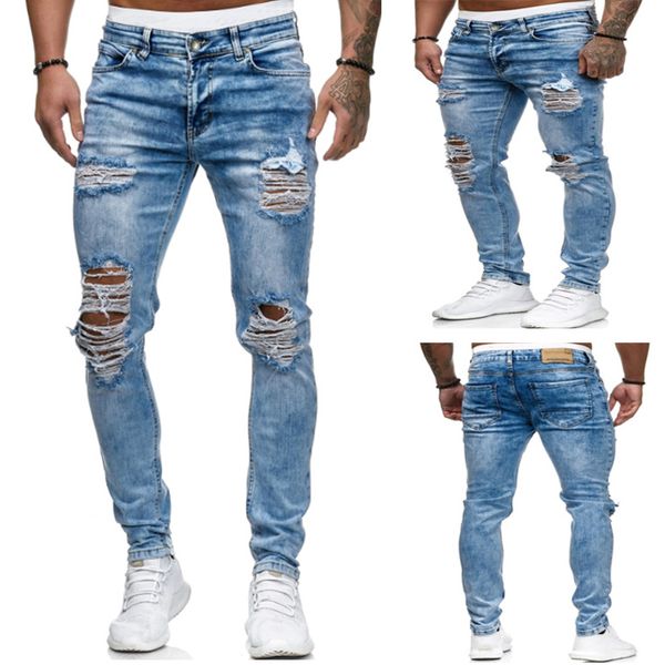 

destroyed ripped jeans men 2020 skinny mens hole stretch denim trousers spring thin straight pencil jeans long pants male, Blue