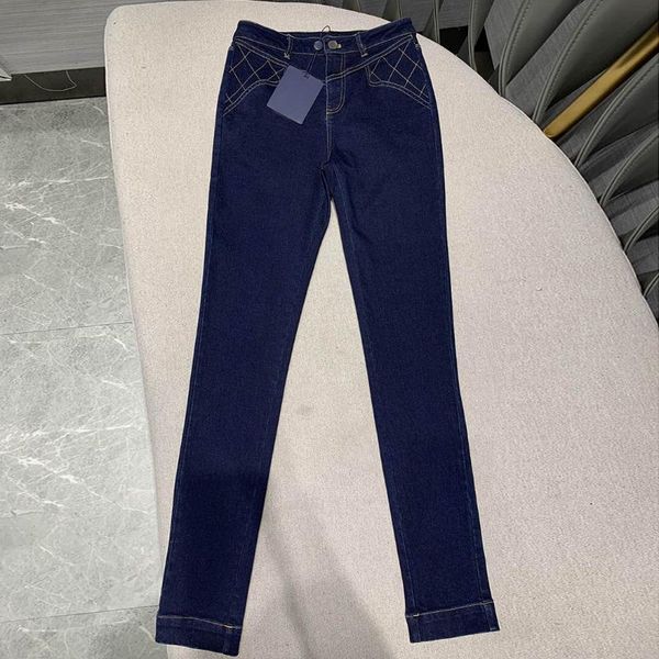

2020 runway design high waist argyle stitching blue soft pencil jeans women full length casual slim skinny cotton denim pants
