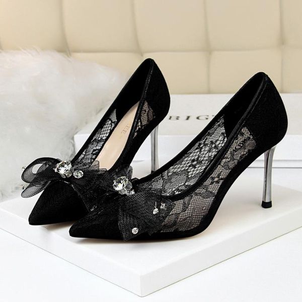 

korean women's shoes metal heel thin heel high shallow mouth pointed mesh hollow lace rhinestone bow bow single shoes, Black
