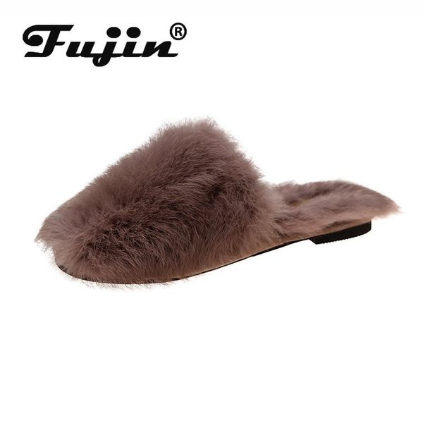 

fujin меха тапочки женщин натурального меха слайды furry плоские сандалии женщина симпатичные пушистые обувь зимняя скользят по теплый дом о, Black