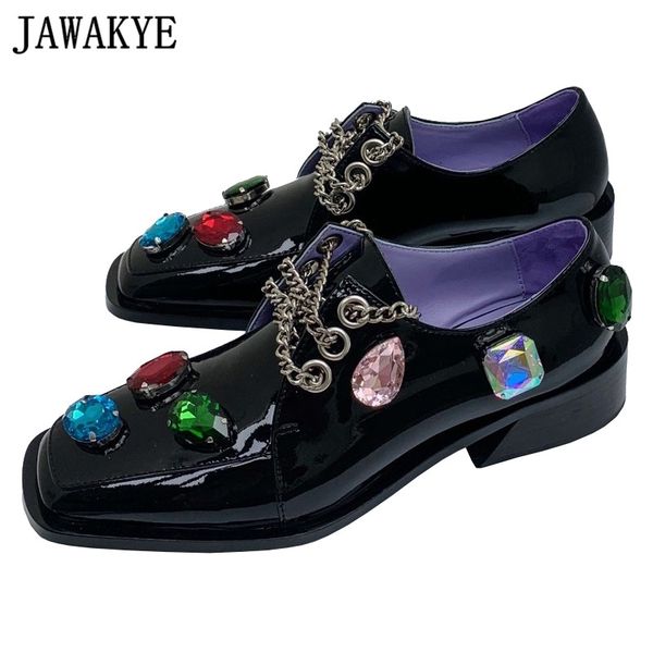 

colorful gemstone oxfords black shiny leather flat shoes for women causal loafers shoes chain embellished ladies sqaure toe shoe