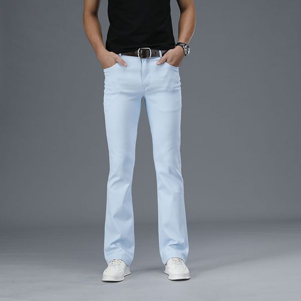 

men's jeans micro-flare denim pants korean casual flared straight white, Blue