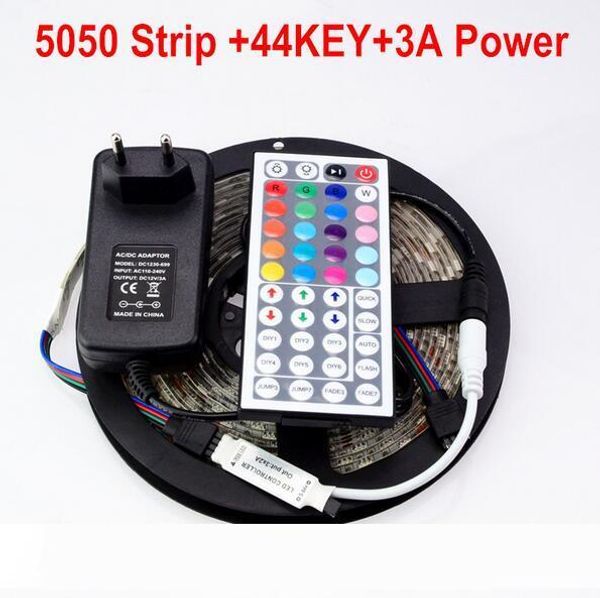 

5050 LED Strip 5M 300Led SMD RGB 60LED M Lamps DC12V flexible light + 44key IR Remoter + 3A Power Lighting 5M Roll