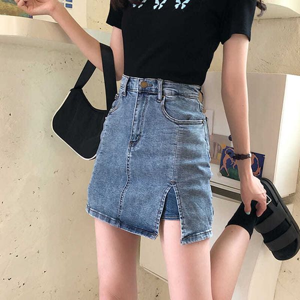 

summer tight 2020 new high waist a- line slim split skirt hip denim skirt divided, Black
