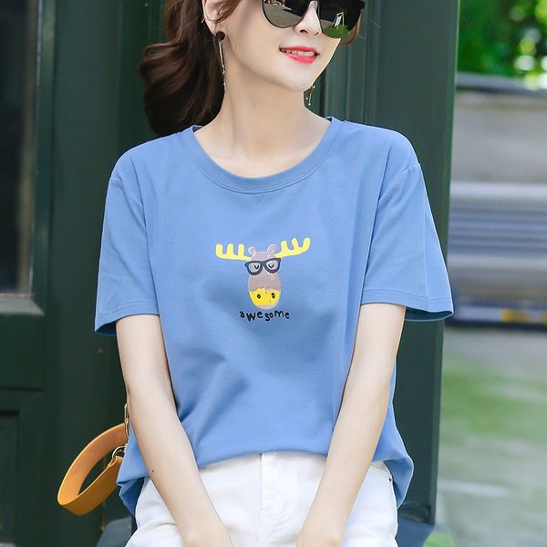 

wzmhx 2020 летний новый женский 100% хлопок вышитые короткими рукавами футболки женщин корейский футболку стиль одежды одежда свободный боль, White