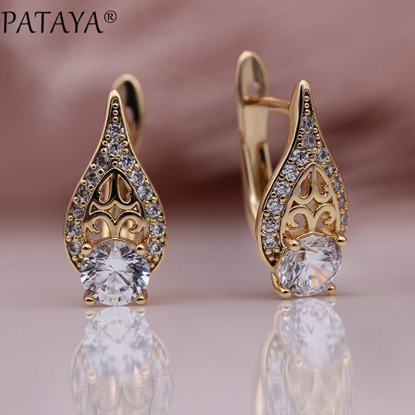 

pataya new flame water drop hollow earring 585 rose gold round natural zircon earrings women wedding fine cute fashion jewelry, Silver