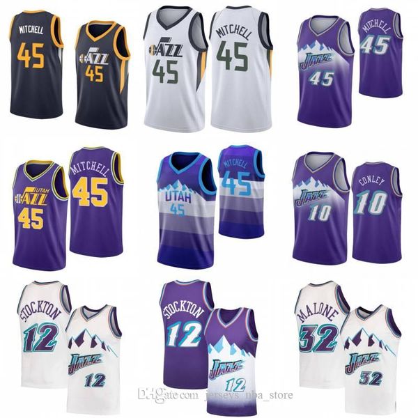 

utah jazz donovan 45 mitchell mike 10 conley basketball jersey mens karl 32 malone john 12 stockton white purple retro shirt nba, Black;red