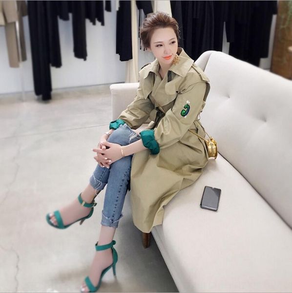 

b0rkv over-knee mid-length trench women's windbreaker embroidery coat embroidery spring and autumn 2020 new korean style loose slimming, Tan;black