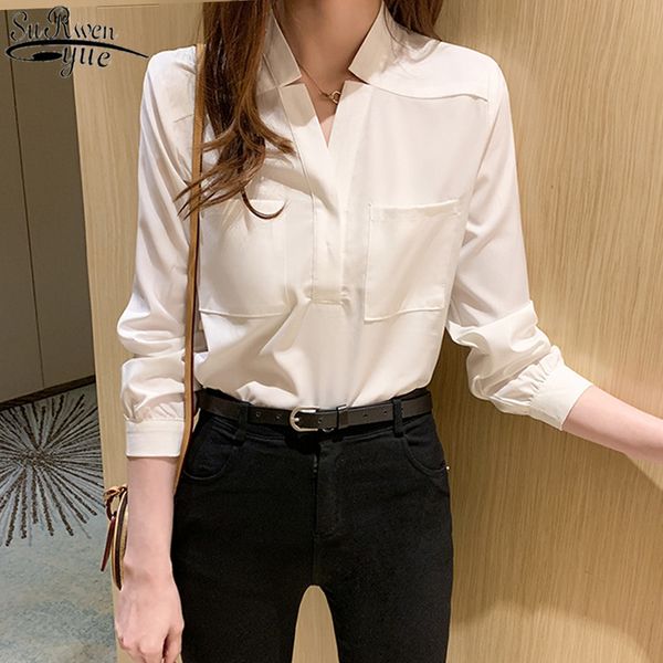 

women's blouses & shirts female korean loose v-neck long sleeve women shirt classic chiffon blouse lady simple style clothes blusas 10, White