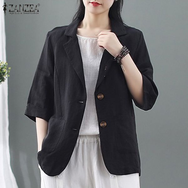 

2020 zanzea autumn jackets fashion solid office lady blazers women single button cotton linen blazer female tunic plus size 5xl, White;black