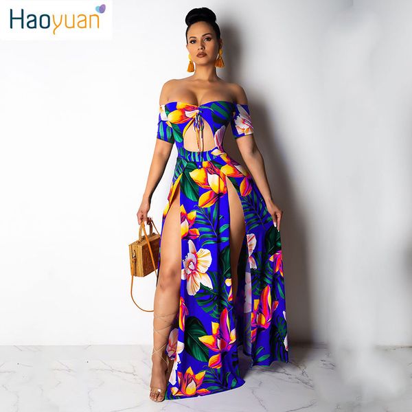 

haoyuan boho printed summer beach maxi dress strapless off shoulder high slit sundress womens robe hollow out long dresses, Black;gray